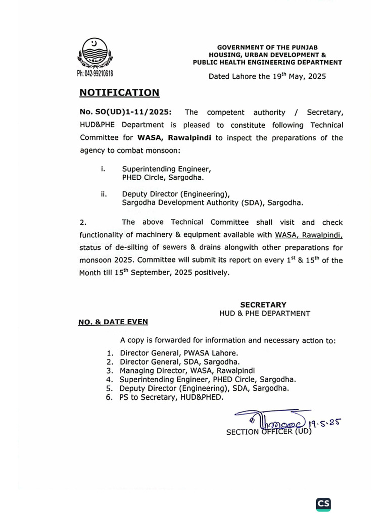 Monsoon Committee WASA Rawalpindi | PDF