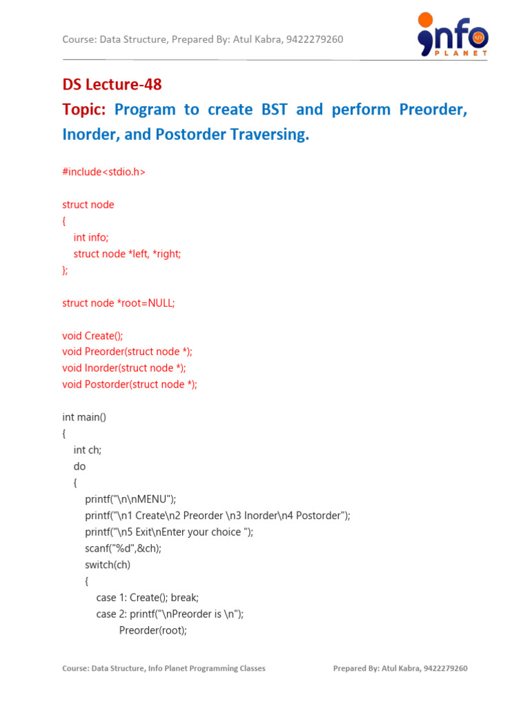 DS Lec-48 Program To Create and Traverse BST.e5969b1 | PDF | C++ ...