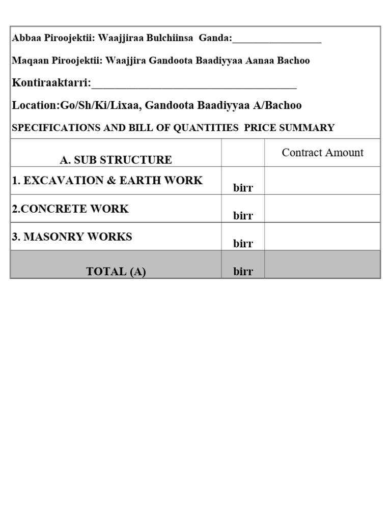 Project Specifications and Cost Summary | PDF