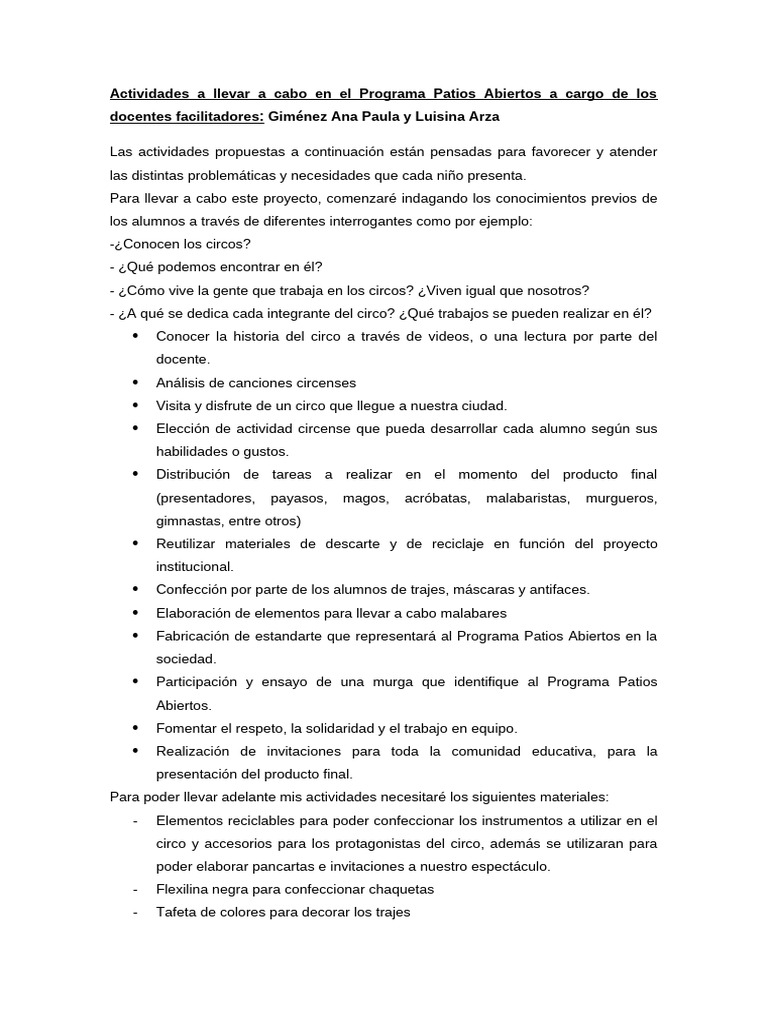 Actividades A Llevar A Cabo en El Programa Patios Abiertos Como Docente ...