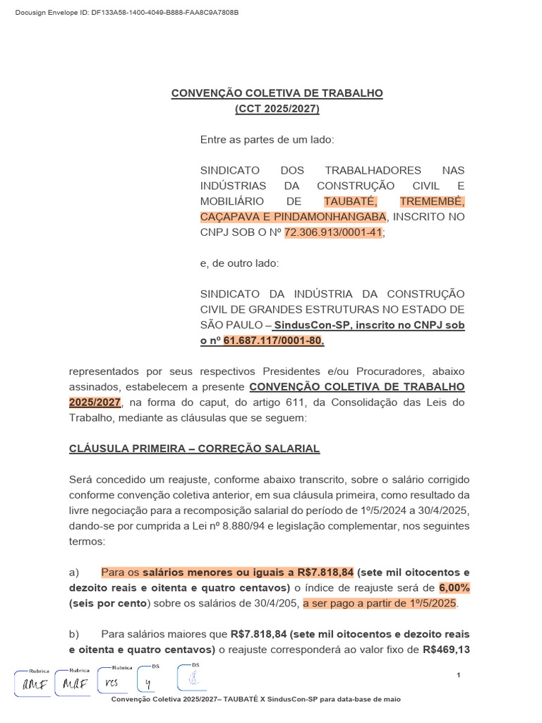 CCT 2025/2027 - Construção Civil Taubaté | PDF | Férias trabalhistas ...