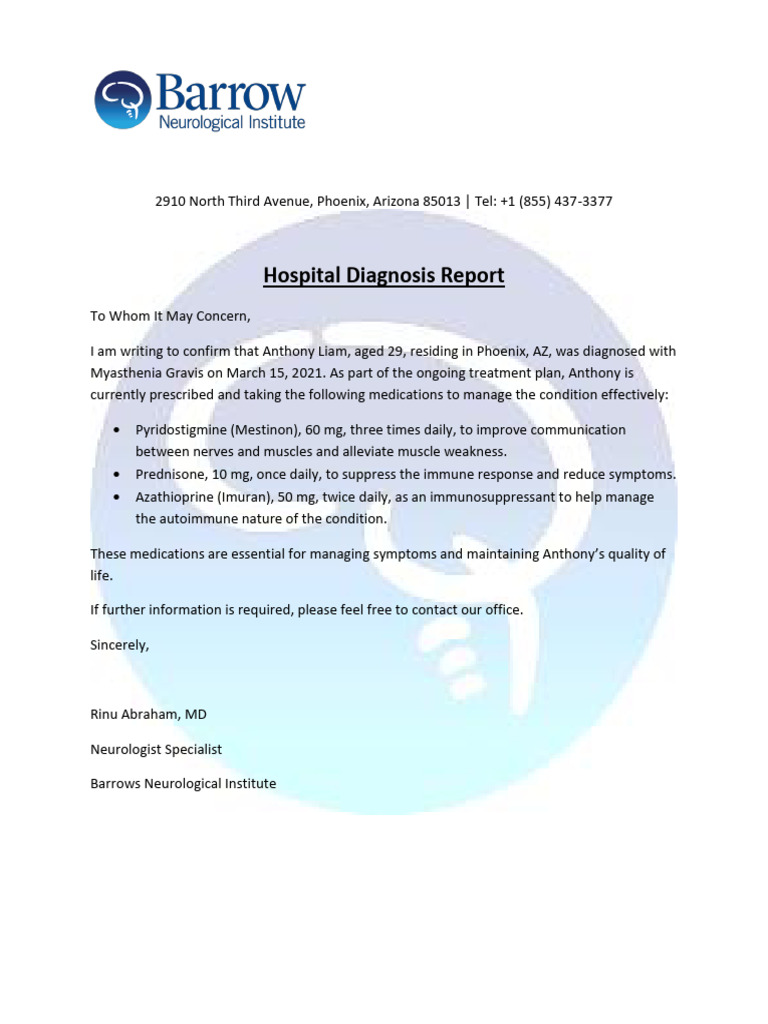Myasthenia Gravis Diagnosis Report | PDF