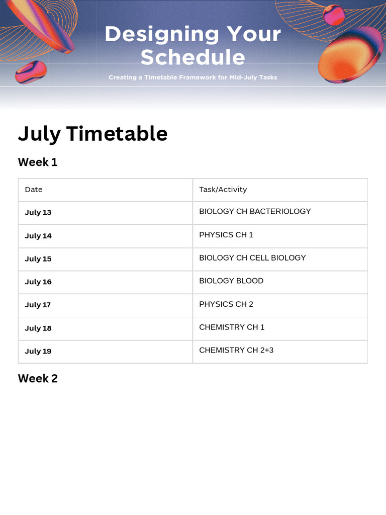 July Task Timetable Framework | PDF