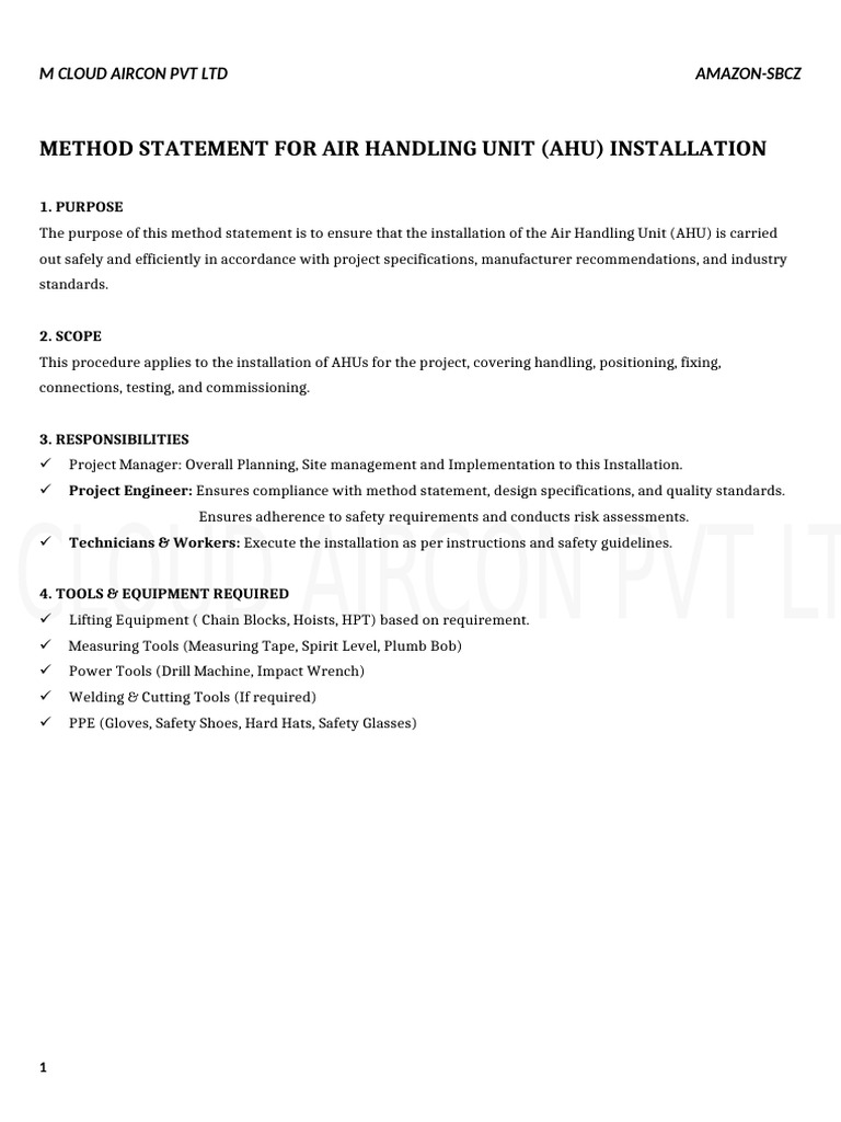 AHU Installation Method Statement | PDF | Duct (Flow) | Pipe (Fluid ...