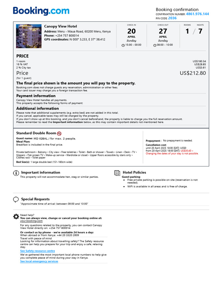 Canopy View Hotel Booking Details | PDF | Fee | Payments