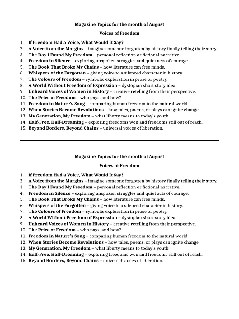 Magazine Topics For The Month of August | PDF | Narrative | Poetry