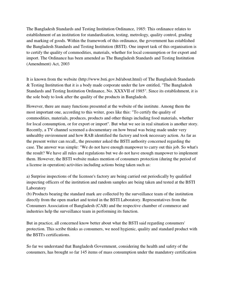 Overview of BSTI Act 2018 and Functions | PDF | Standardization ...