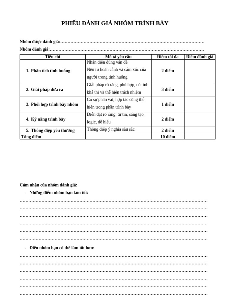Phiếu Đánh Giá Nhóm Trình Bày | PDF