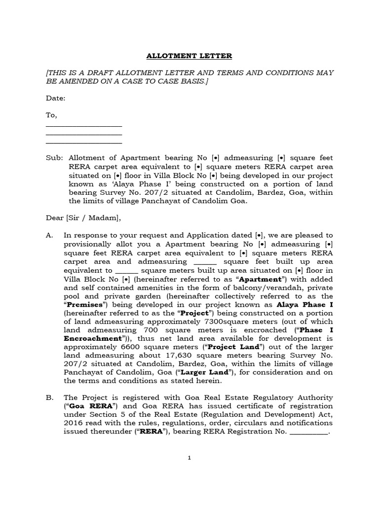 Allotment Letter - Aqaab Goa - For RERA | PDF | Interest | Taxes