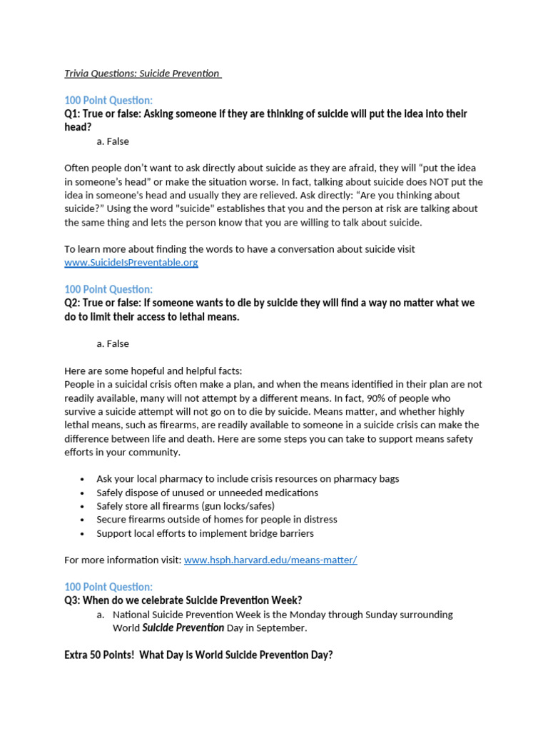 Trivia Questions-Suicide Prevention English | PDF | Suicide | Mental Health