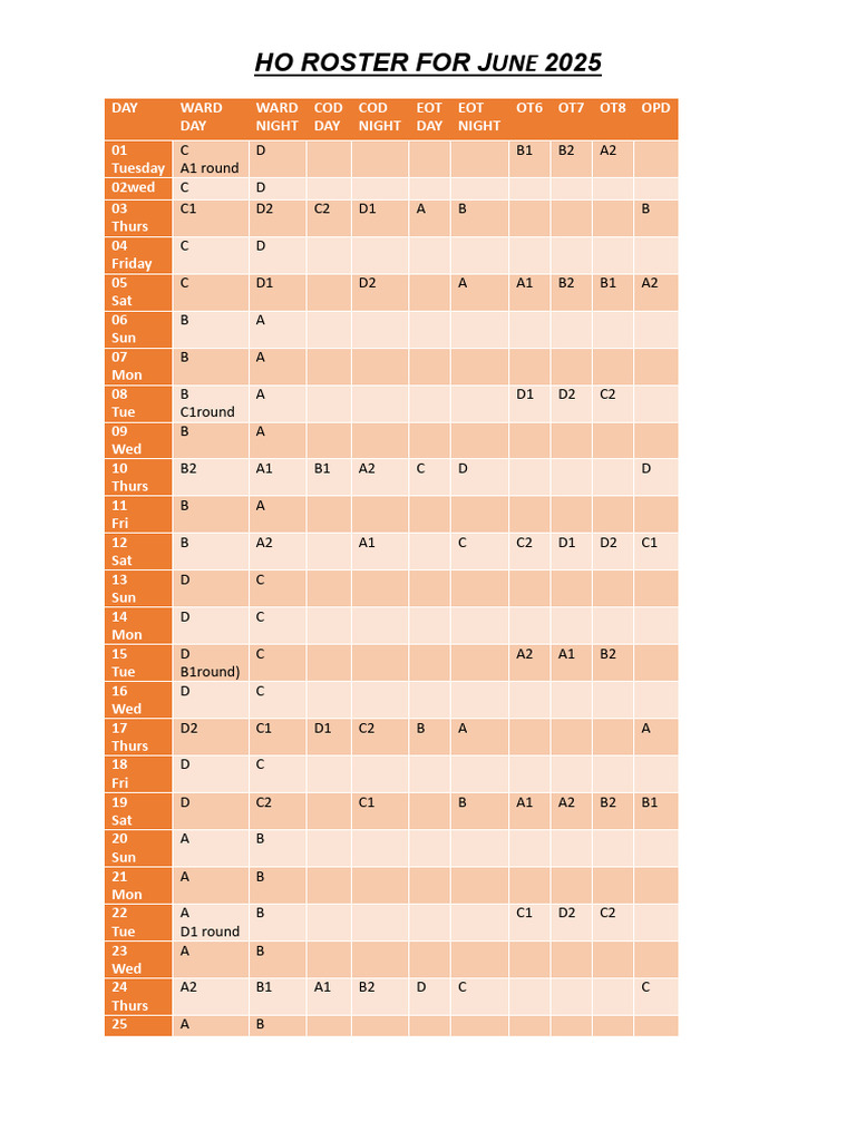 June 2025 HO Roster Schedule | PDF