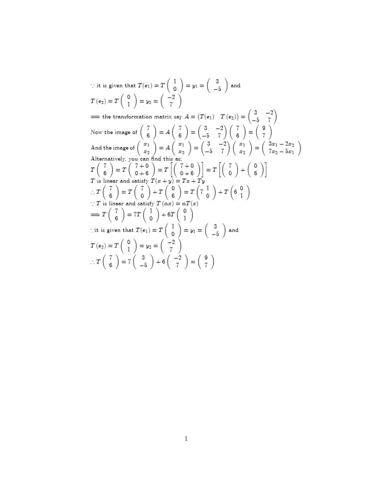 Linear Transformation Matrix Example | PDF