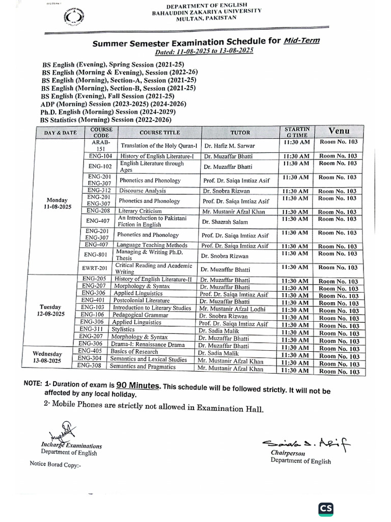 Summer Mid Date Sheet | PDF