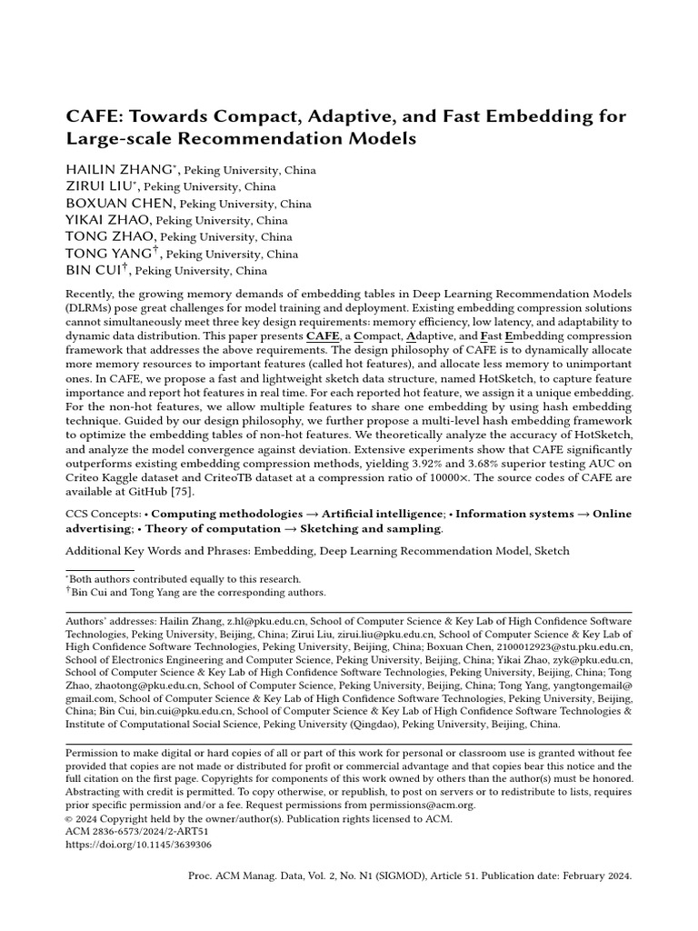 CAFE: Efficient Embedding for DLRMs | PDF | Data Compression | Receiver ...