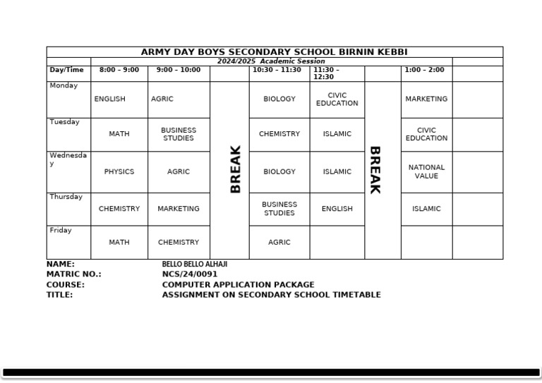 2024/2025 Secondary School Timetable | PDF