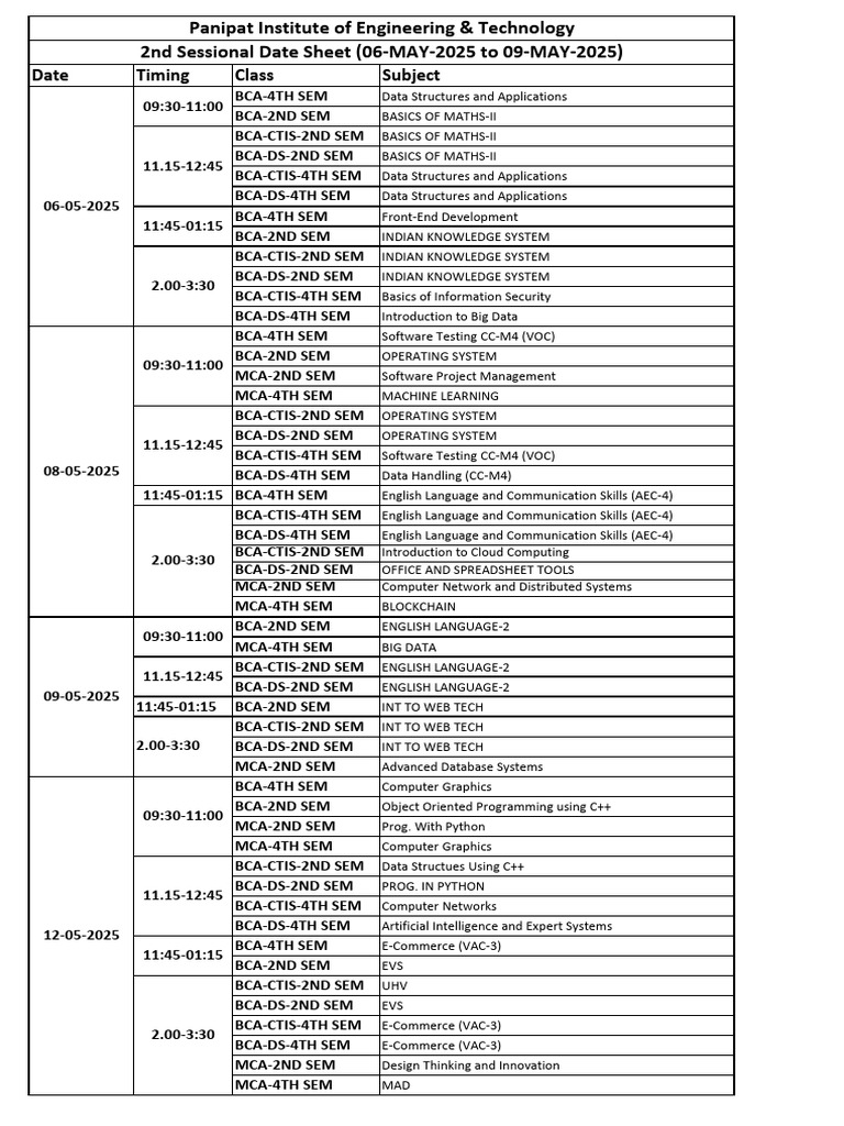 BCA & MCA 2nd Sessional Date Sheet | PDF | Data | Application Software