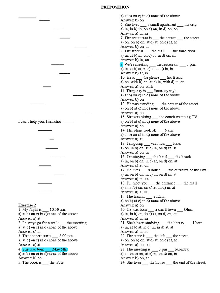 Preposition Exercises with Answers | PDF