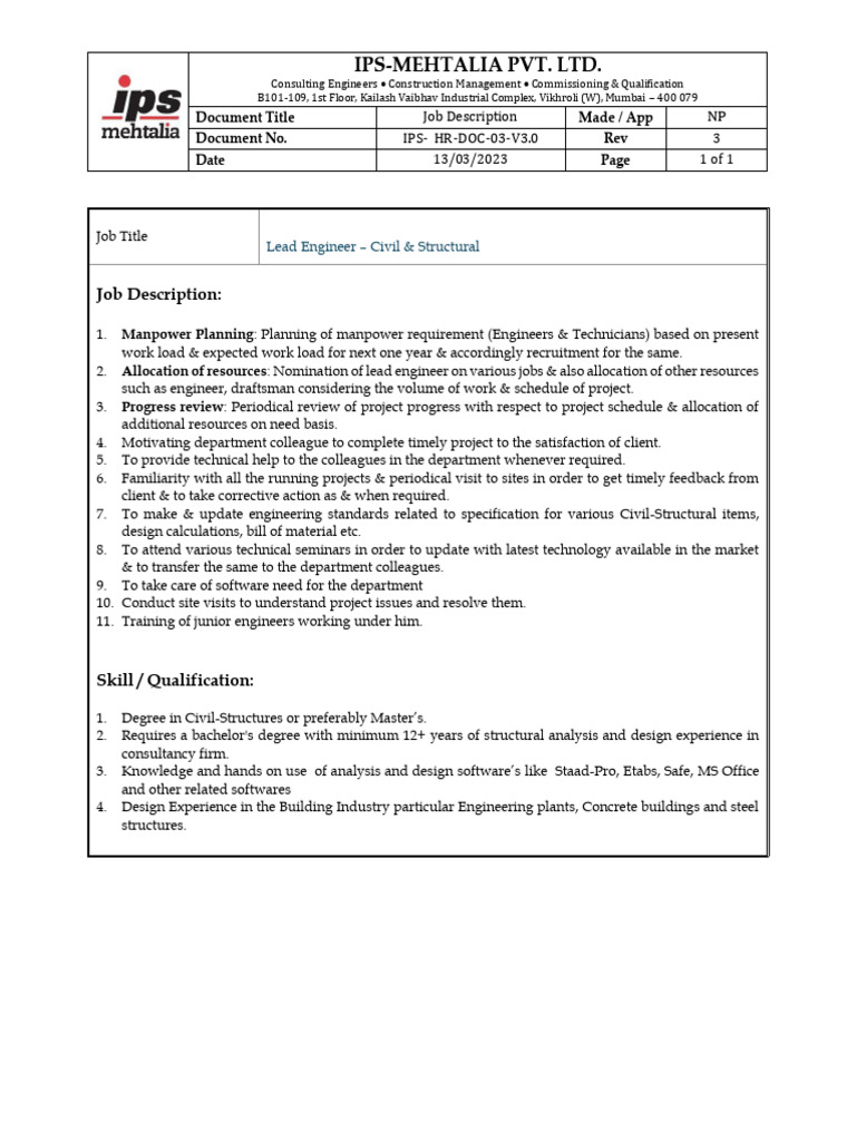 Lead Engineer Job Description | PDF