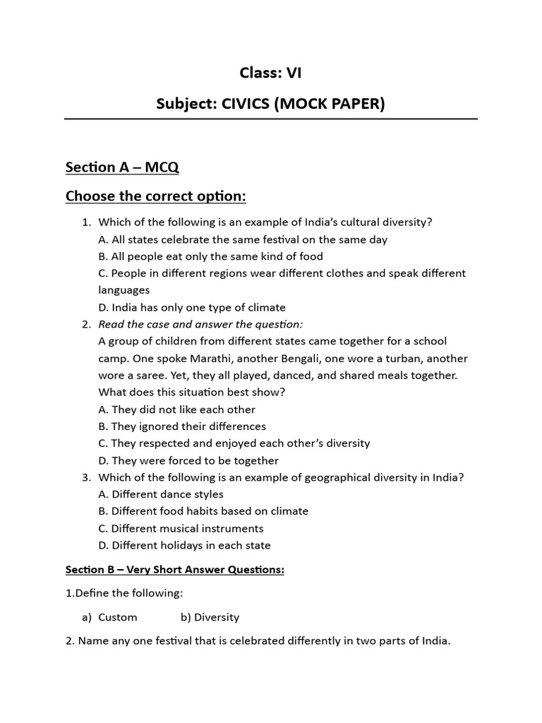 Class VI Civics Mock Paper on Diversity | PDF