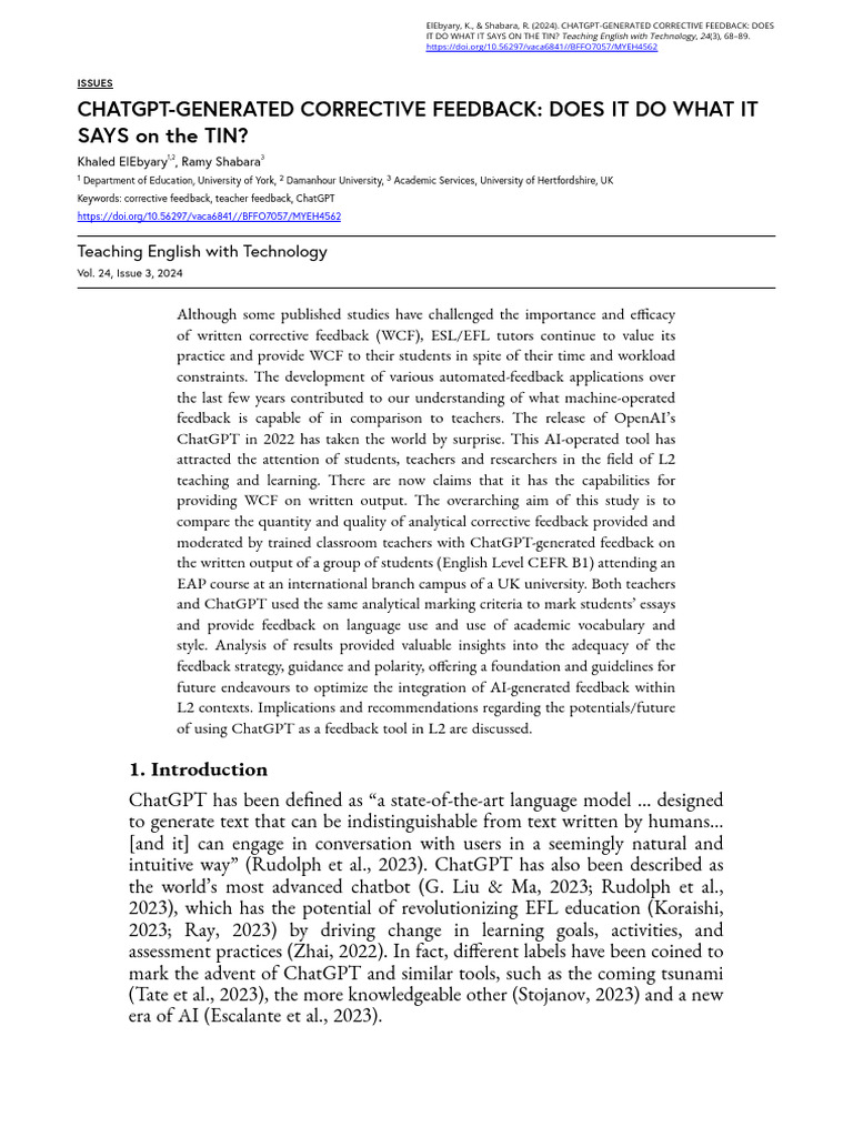 ChatGPT vs Teacher Feedback in ESL | PDF | English As A Second Or ...