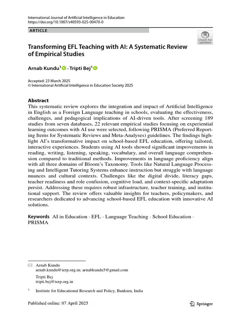 Transforming EFL Teaching With AI - A Systematic Review of Empirical ...