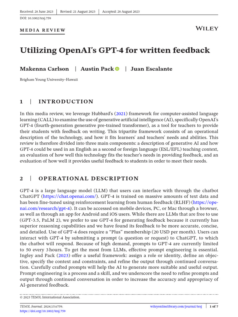 Utilizing OpenAI's GPT 4 For Written Feedback | PDF | Verb | Plural