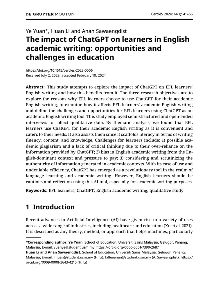 ChatGPT's Impact on EFL Writing Skills | PDF | Artificial Intelligence ...