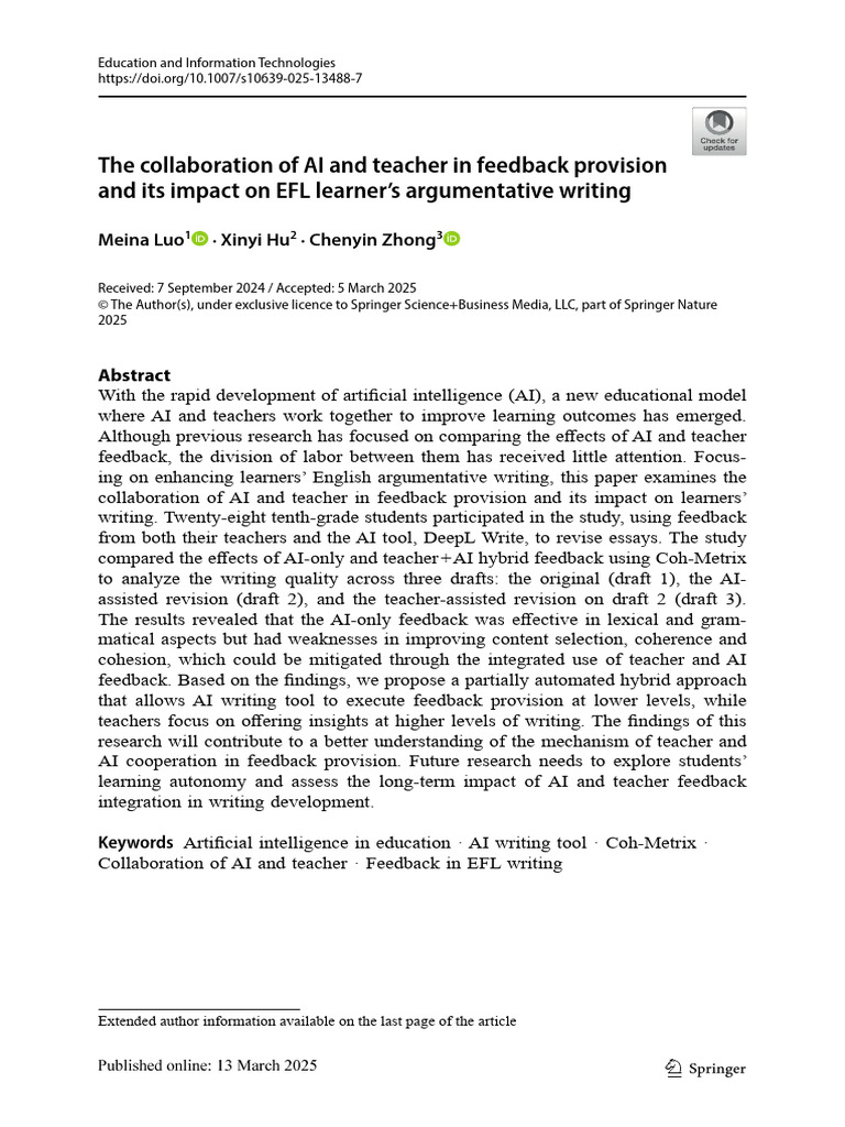 AI and Teacher Collaboration in EFL Writing | PDF | Artificial ...