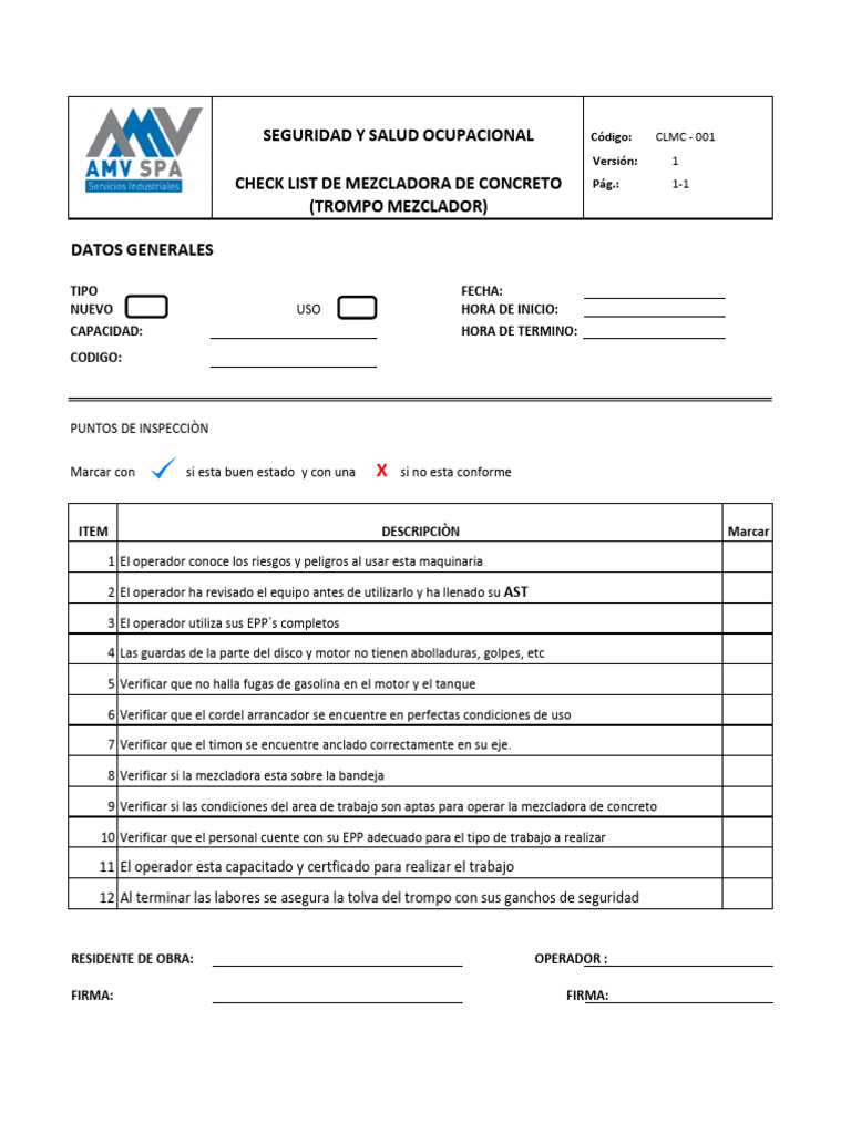 Checklist de Seguridad para Mezcladora de Concreto | PDF