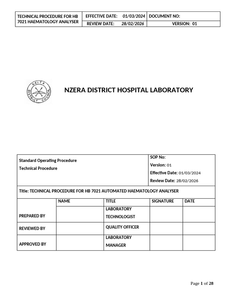 HB 7021 Haematology Analyzer SOP | PDF | White Blood Cell | Red Blood Cell