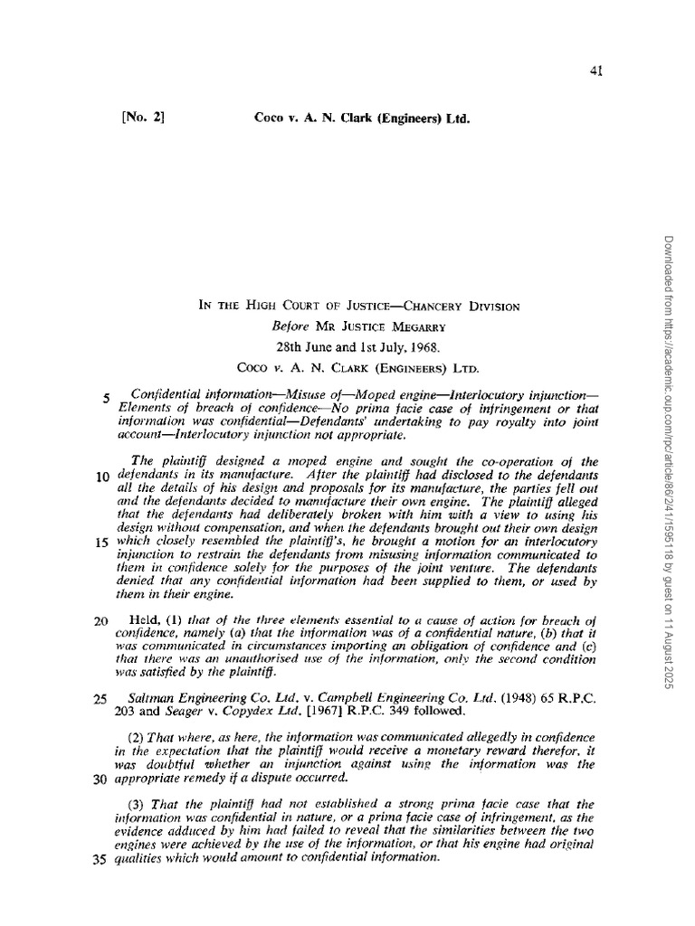 Coco v. A.N. Clark: Breach of Confidence Case | PDF