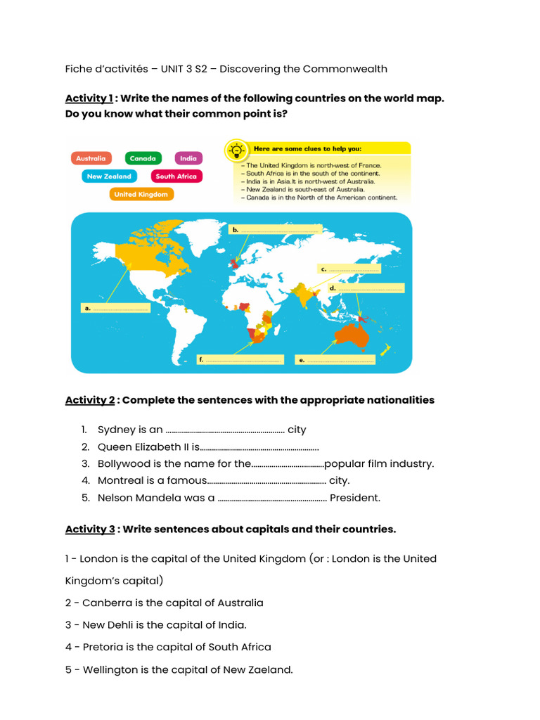 Fiche D'activité UNIT 3 S2 - CAP - Discovering The Commonwealth | PDF