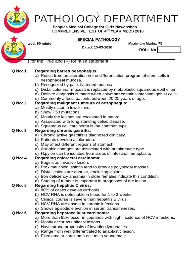 Comprehensive Test 4th Year On Dated 15-3-2010 | PDF | Anemia ...