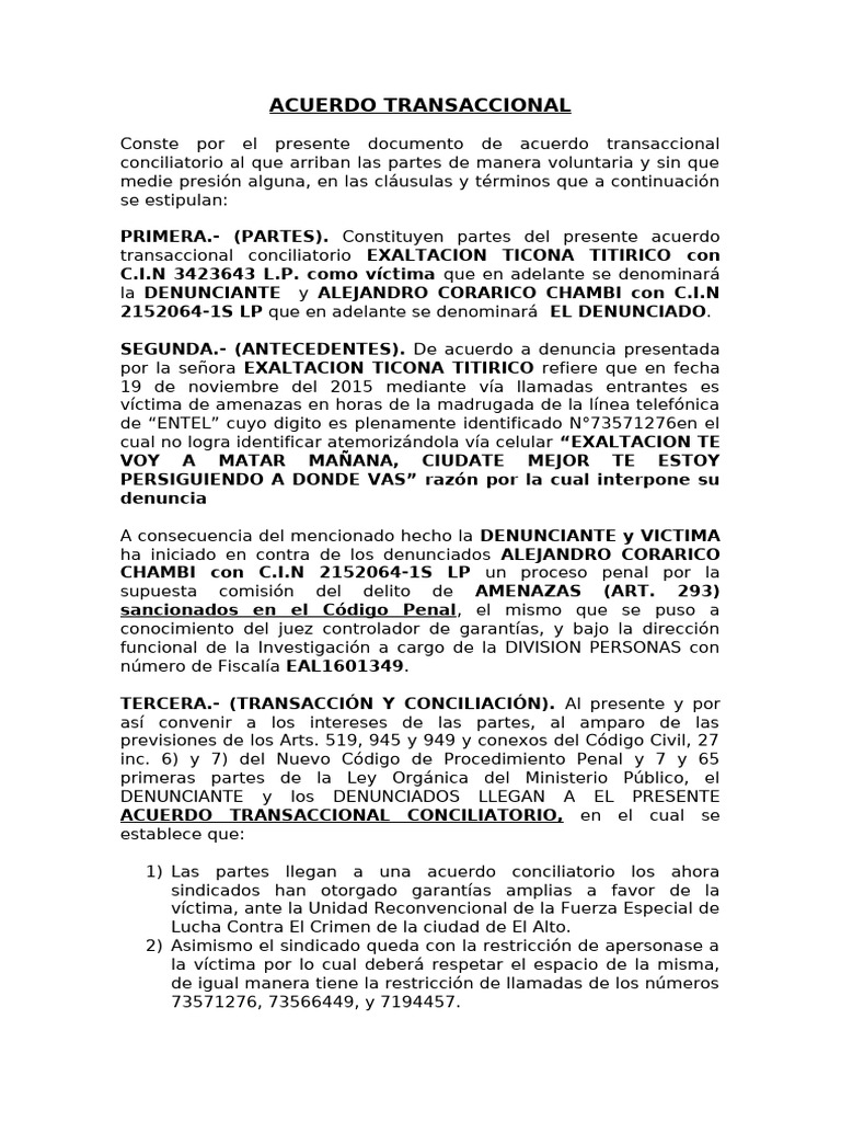 Acuerdo Conciliatorio de Amenazas | PDF | Justicia | Crimen y violencia