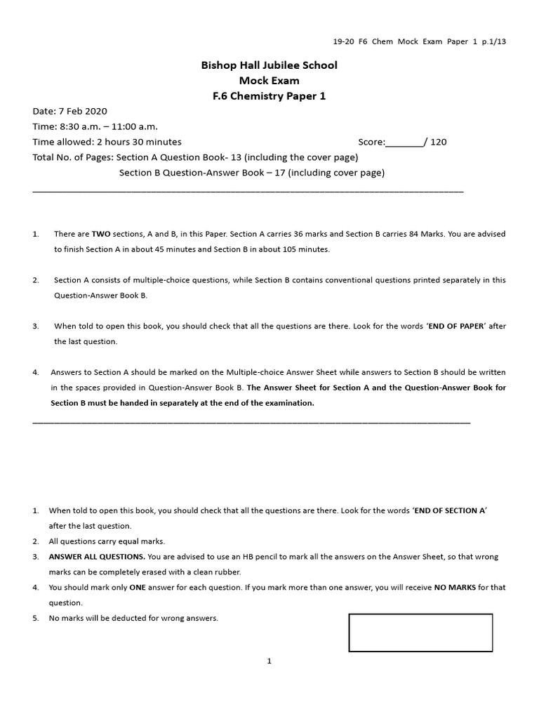 F6 Chemistry Mock Exam Paper 1 | PDF | Chemical Reactions | Chemical ...