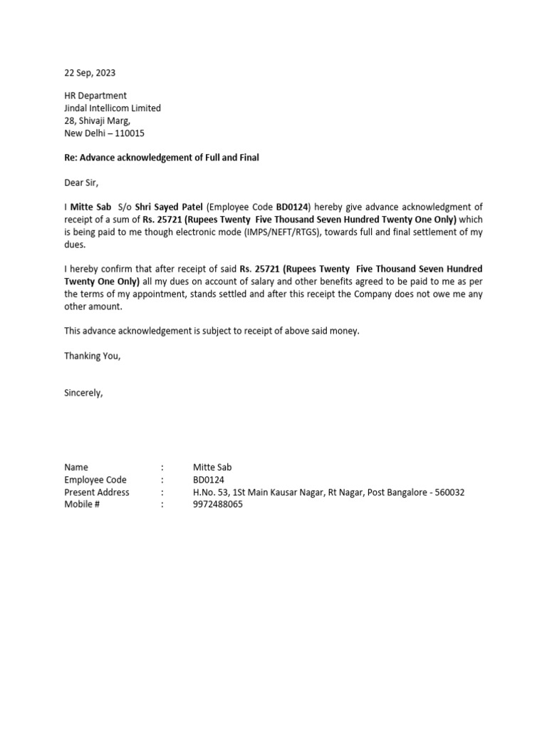 Full and Final Settlement Acknowledgment | PDF