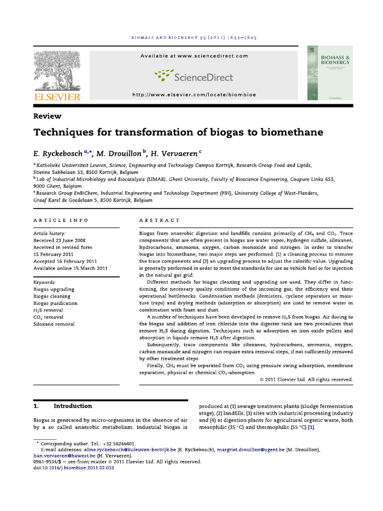 Techniques For Transformation of Biogas To Biomethane | PDF