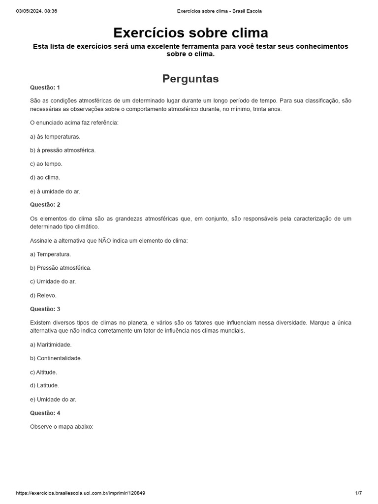 Exercícios sobre Climatologia | PDF | Clima | Geografia Física