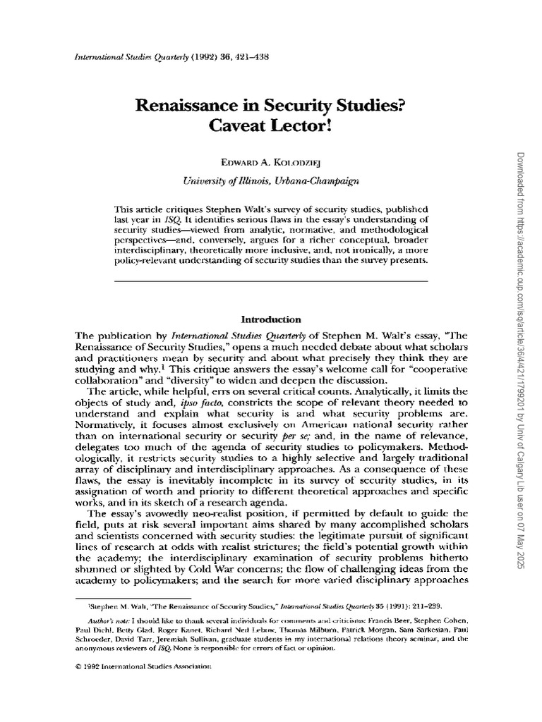 Renaissance in Security Studies, Kolodziej | PDF