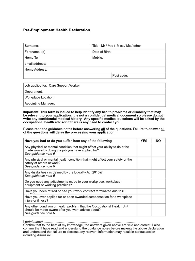 Pre Employment Health Declaration Form | PDF | Occupational Safety And ...