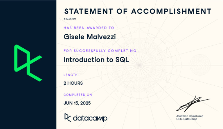 Gisele Malvezzi: SQL Course Completion | PDF