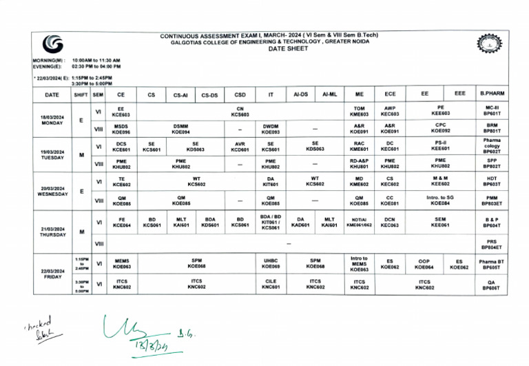 March 2024 B.Tech Exam Schedule | PDF