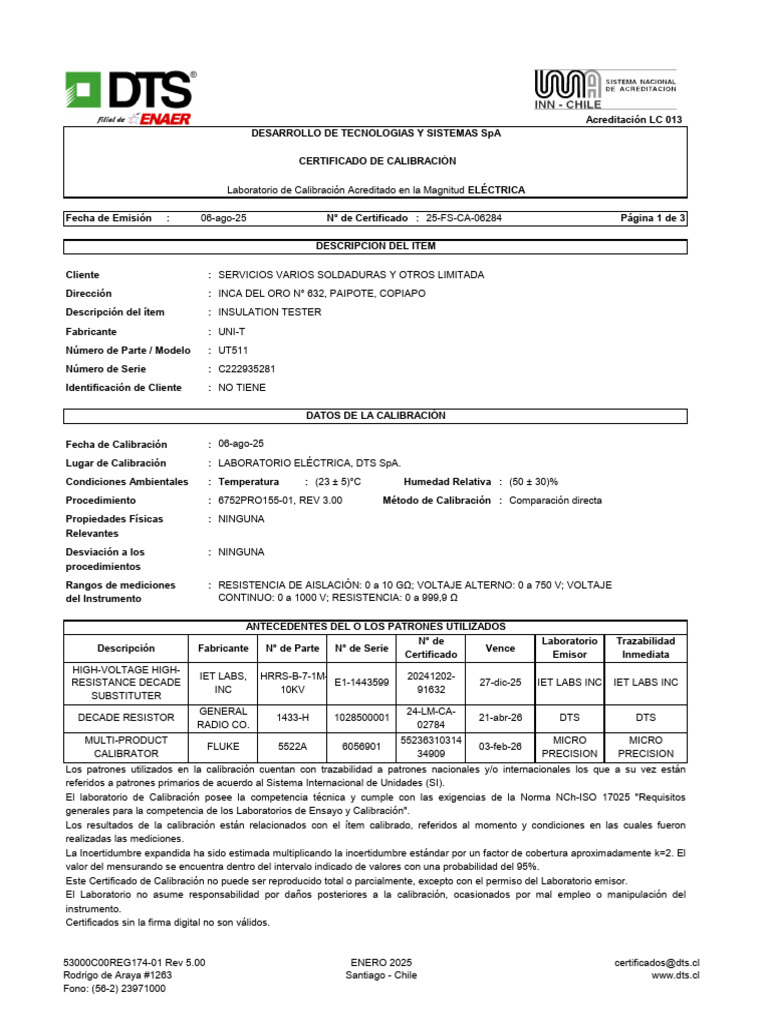 Cert. Tester Unit T Ut511 | PDF | Calibración | Metrología