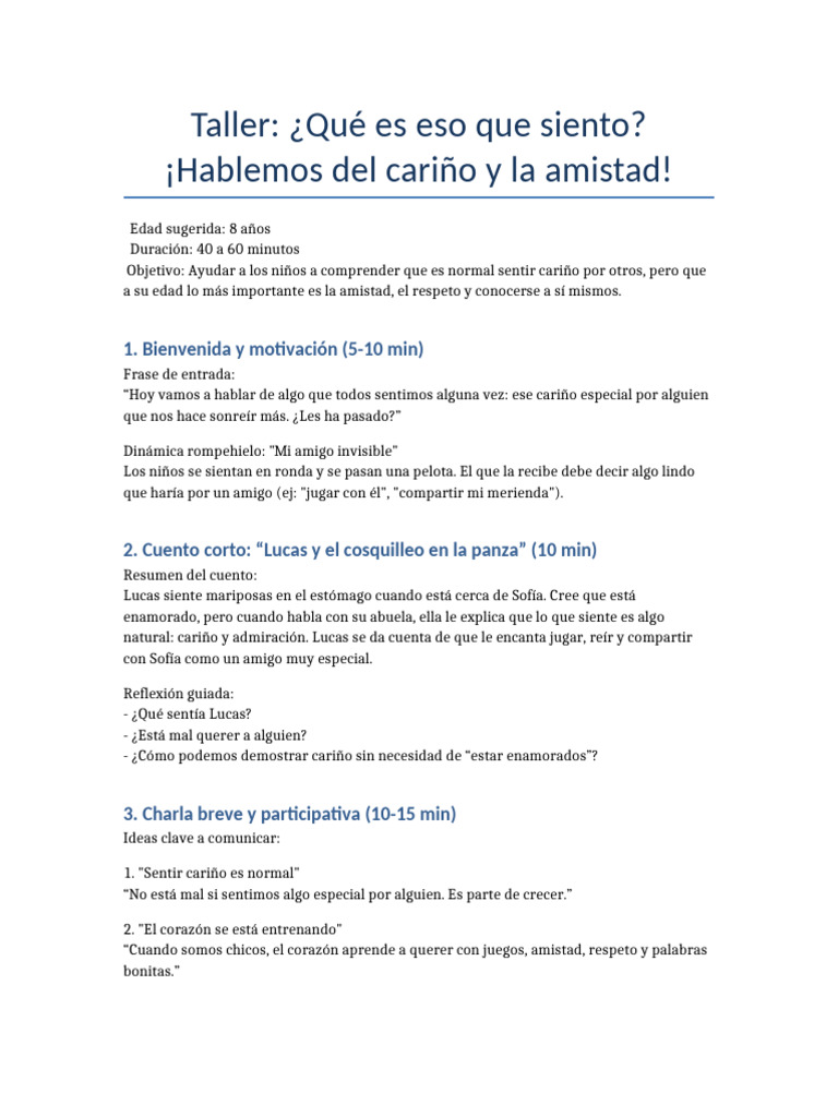 Taller sobre cariño y amistad infantil | PDF