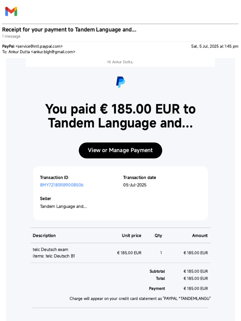 Gmail - Receipt for Your Payment to Tandem Language and... | PDF | Pay ...