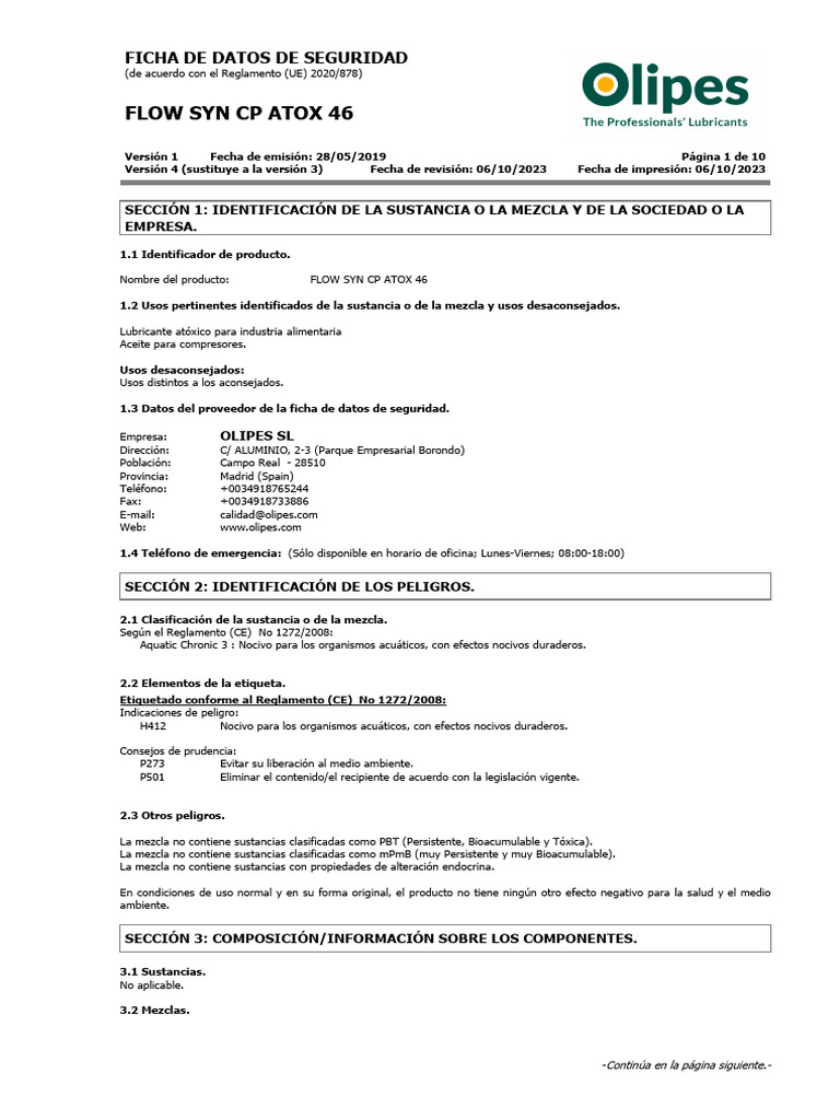 Ficha de Seguridad: FLOW SYN CP ATOX 46 | PDF | Agua | Residuos
