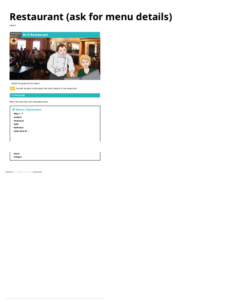 Restaurant Menu Conversation Practice | PDF | All Rights Reserved | Menu
