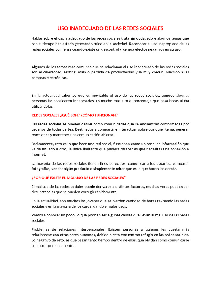 Mal uso de redes sociales y sus efectos | PDF | Acoso cibernético ...