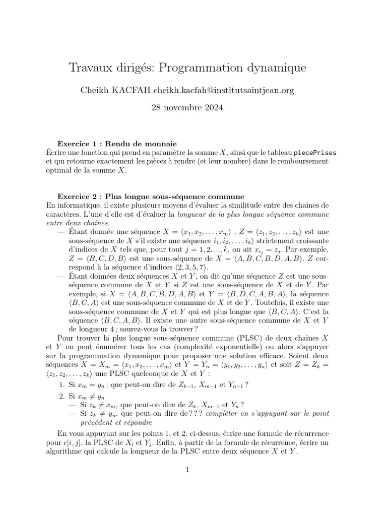 Exercices de Programmation Dynamique | PDF | Algorithmes ...
