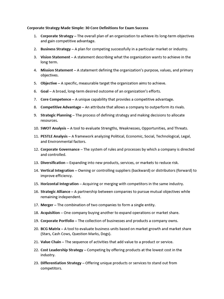 30 Core Definitions for Strategy Success | PDF | Strategic Management ...